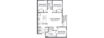 A black and white image of a house floor plan with a living room, dining room, kitchen, and three bedrooms.
