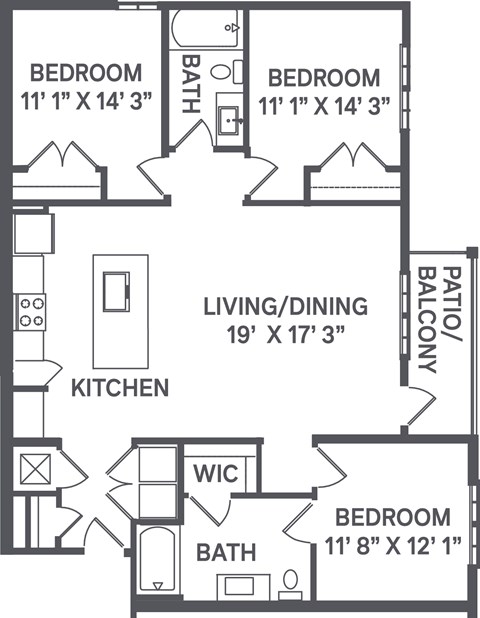 A black and white image of a house floor plan with a living room, dining room, kitchen, and three bedrooms.