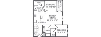 A black and white image of a house floor plan with a living/dining area, kitchen, two bedrooms, and a bathroom.