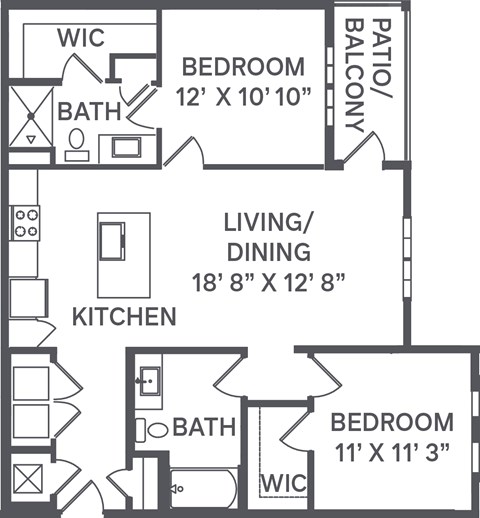 A black and white image of a house floor plan with a living/dining area, kitchen, two bedrooms, and a bathroom.