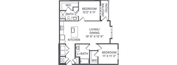 A black and white image of a house floor plan with a living/dining area, kitchen, and three bedrooms.