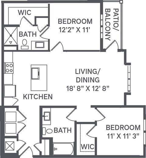 A black and white image of a house floor plan with a living/dining area, kitchen, and three bedrooms.