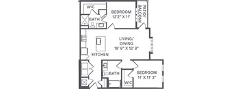 A black and white image of a house floor plan with a living/dining area, two bedrooms, a kitchen, and a bathroom.