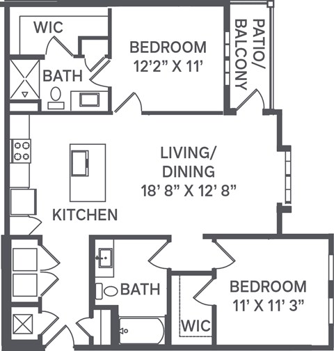 A black and white image of a house floor plan with a living/dining area, two bedrooms, a kitchen, and a bathroom.