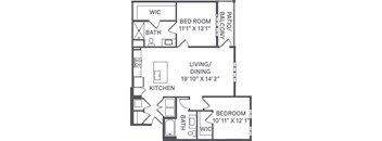A black and white image of a floor plan for a house with a living room, kitchen, two bedrooms, and a bathroom.