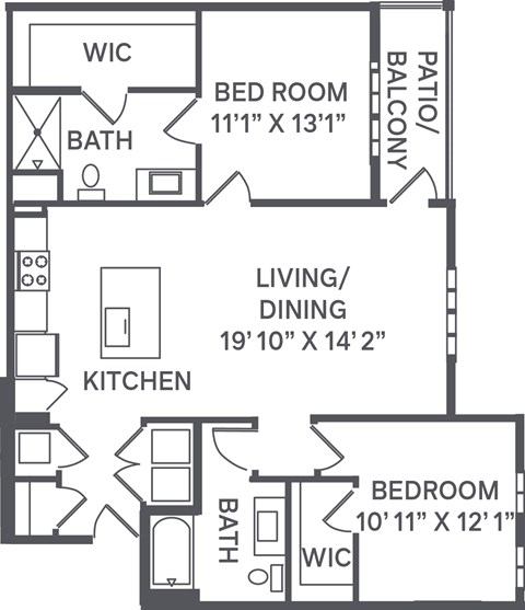 A black and white image of a floor plan for a house with a living room, kitchen, two bedrooms, and a bathroom.