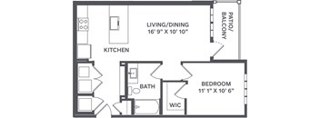 A floor plan of a small apartment with a living/dining area, kitchen, bath, bedroom, and balcony.