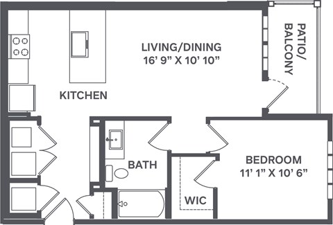 A floor plan of a small apartment with a living/dining area, kitchen, bath, bedroom, and balcony.