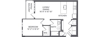 A floor plan of a small apartment with a living/dining area, kitchen, bedroom, bathroom, and balcony.