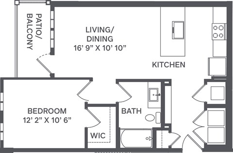 A floor plan of a small apartment with a living/dining area, kitchen, bedroom, bathroom, and balcony.
