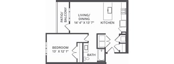 A floor plan of a small apartment with a bedroom, bathroom, living/dining area, and kitchen.