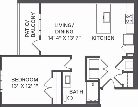 A floor plan of a small apartment with a bedroom, bathroom, living/dining area, and kitchen.
