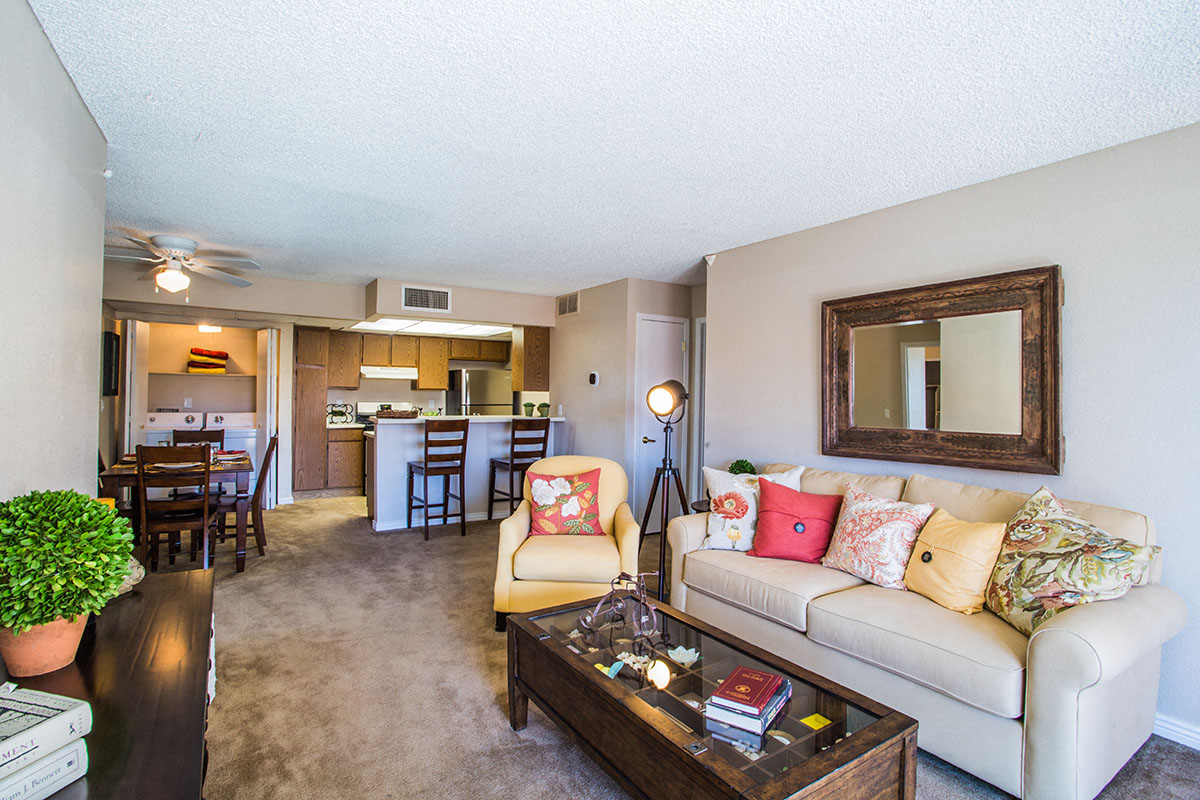 Spacious Living Room with Ceiling Fan at Needles CA Apartments for Rent