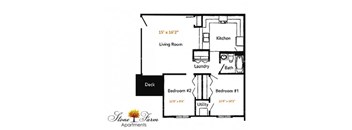 A floor plan for Stone Farm Apartments shows a living room, kitchen, two bedrooms, a deck, and a laundry/bath area.