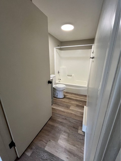 A small bathroom with a toilet and a bathtub.