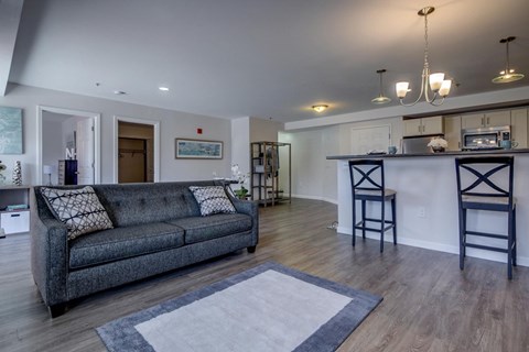 A grey couch with pillows is in the middle of a room with a bar area in the background.