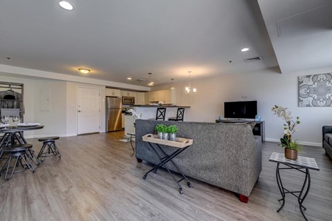 A living room with a grey couch and a dining table.