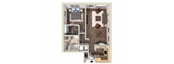 A 3D floor plan of a small apartment with a kitchen, living room, and bedroom.