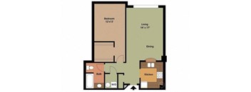 A floor plan of a house with a bedroom, living room, dining room, kitchen, and bathroom.