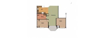 A floor plan of a house with a dining and living room, two bathrooms, and two bedrooms.