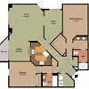 A floor plan of a house with a kitchen, living room, and two bedrooms.