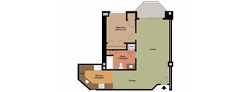 A floor plan of a house with a bedroom, bathroom, kitchen, dining area and living room.