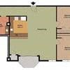 A floor plan of a room with a kitchen area and a bathroom.