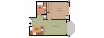 A floor plan of a room with a bed, a bath, a kitchen, and a living/dining area.
