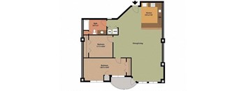 A floor plan of a house with a kitchen, two bathrooms, two bedrooms, and a dining/living area.