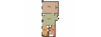 A floor plan of a room with a bedroom, dining/living area, kitchen, bathroom, and hallway.