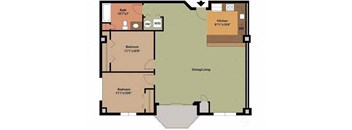 A floor plan of a house with a kitchen, two bedrooms, a bathroom, and a dining/living area.