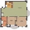 A floor plan of a house with a kitchen, living room, and two bedrooms.