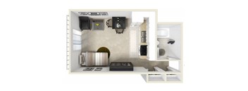 A 3D rendered image of a kitchen interior.