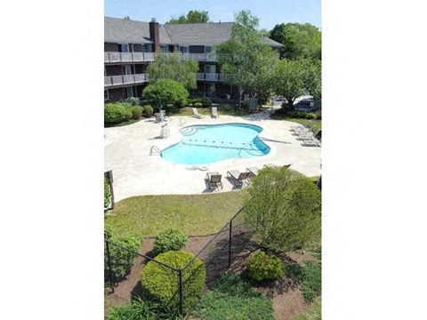 A pool surrounded by chairs and bushes.