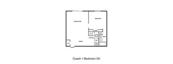 A black and white diagram of a Coach 1 Bedroom apartment layout.
