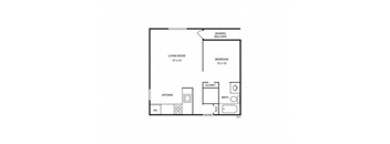 A floor plan of a small apartment with a living room, kitchen, bathroom, and bedroom.