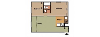 A floor plan of a living space with two bedrooms, a kitchen, and a bathroom.