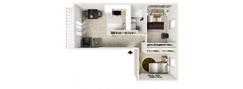 A top down view of a house interior with a kitchen, living room, and bathroom.