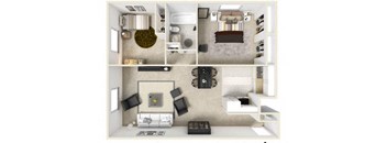A top-down view of a modern apartment layout.