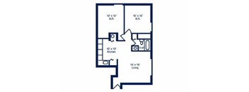 A floor plan of a house with a living room, kitchen, and two bedrooms.