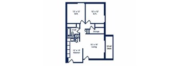 A blueprint of a house layout with a living room, kitchen, deck, and storage area.