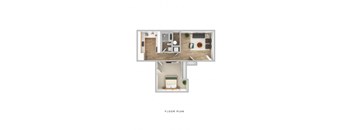 A floor plan of a small apartment with a bedroom, living room, and kitchen.