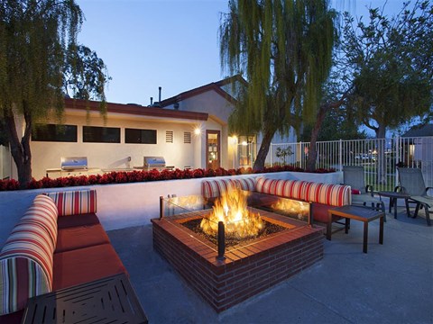 Goleta, CA, Apartments - Pacific Oaks - Gated Outdoor Lounge with Couches, Fire Pit, Grilling Stations, and Surrounding Trees.