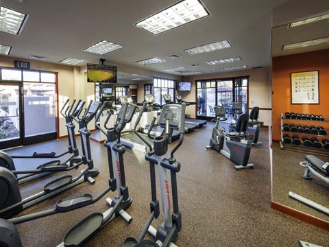 Goleta, CA, Apartments Near Albertsons - Willow Springs - Fitness Center with Elliptical Machines, Treadmills, Stationary Bikes, Free Weights, TVs, and Mirrored Walls