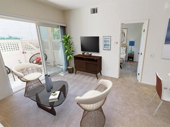 Living Room With Balcony And bedroom View Living Room With Balcony And bedroom View at Knollwood Meadows Apartments, California, 93455