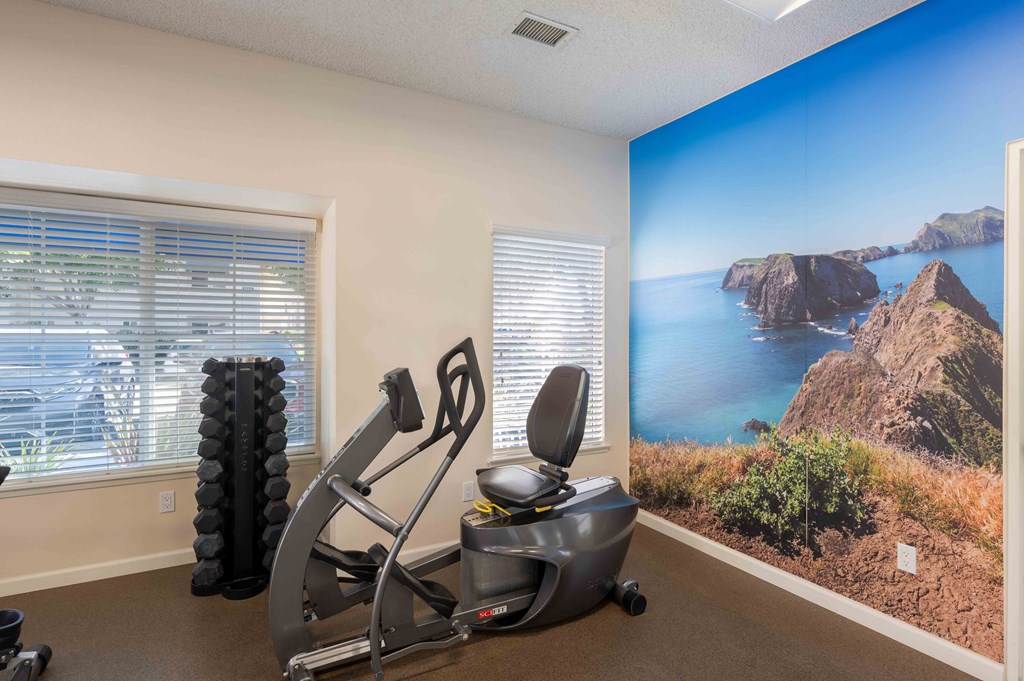 a home gym with a view of the ocean