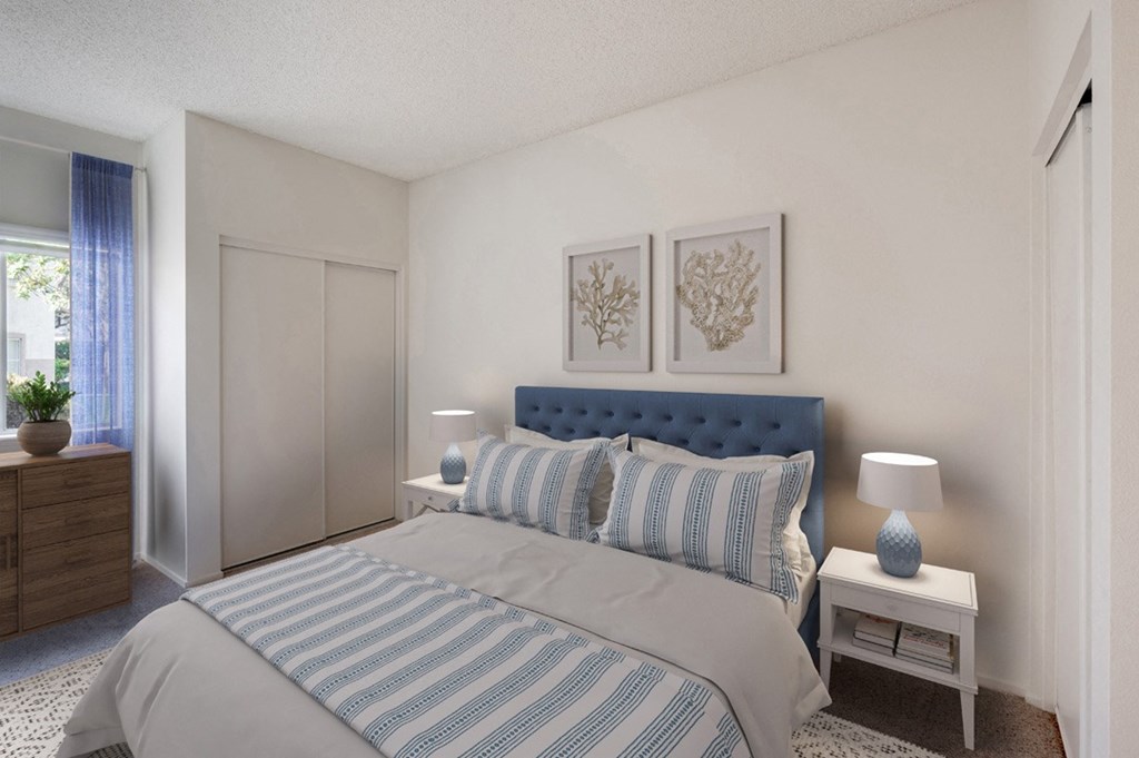 One-Bedroom Apartments in Ventura, CA - Cypress Meadows - Bedroom with Sliding Closet Doors and Nightstands