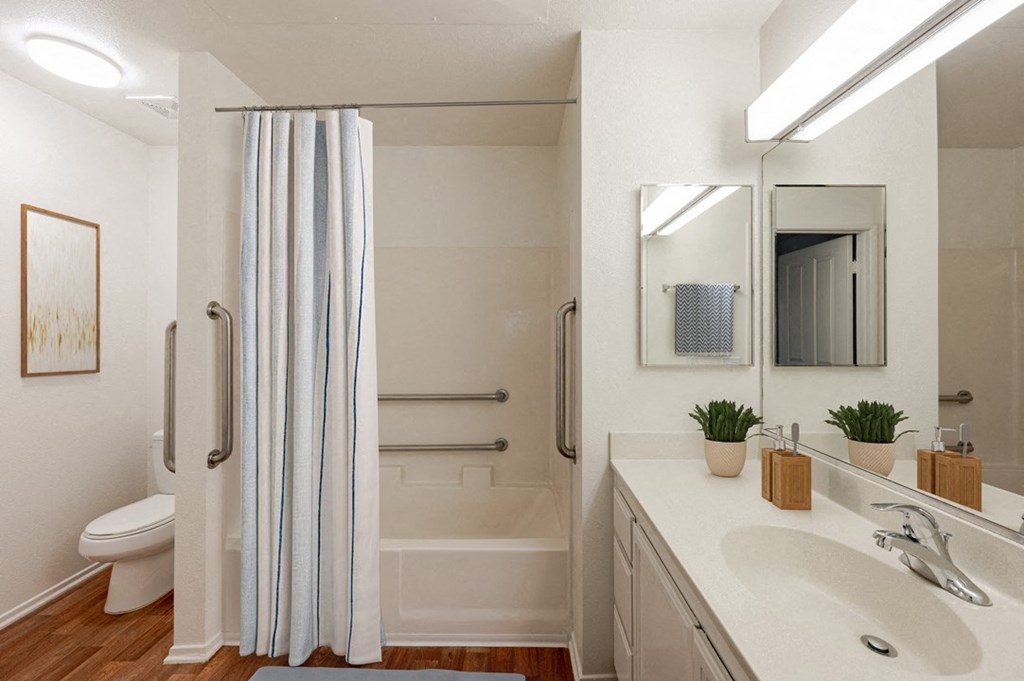 a bathroom with a shower and a sink and a mirror