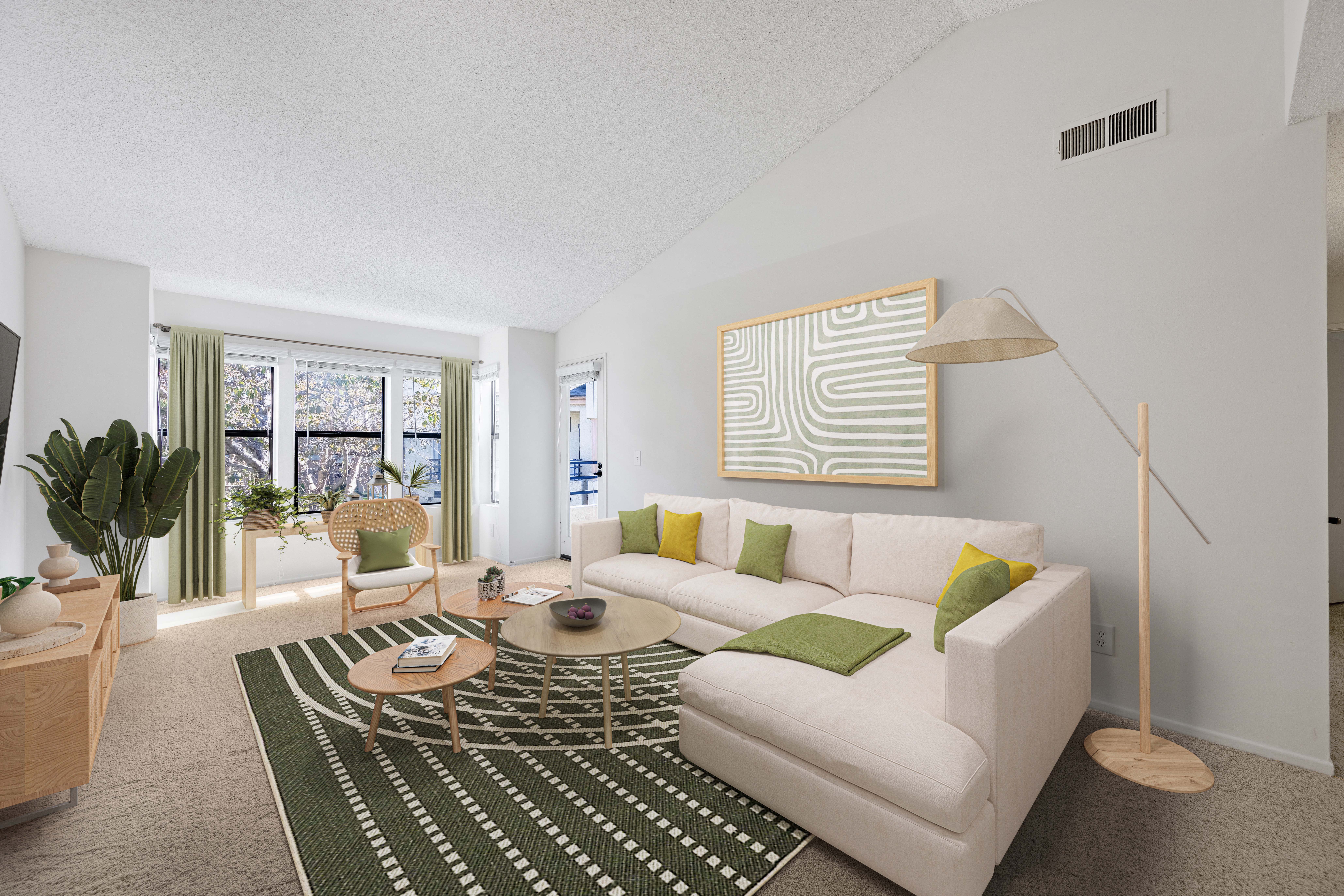 A living room with a white couch and a green rug.