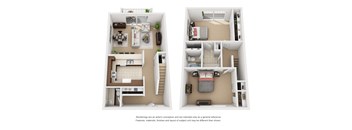 Combined imaging of the 2 Bed 1.5 Bath 2-story Townhome Floor Plan at Encina Meadows Apartments, California, 93117